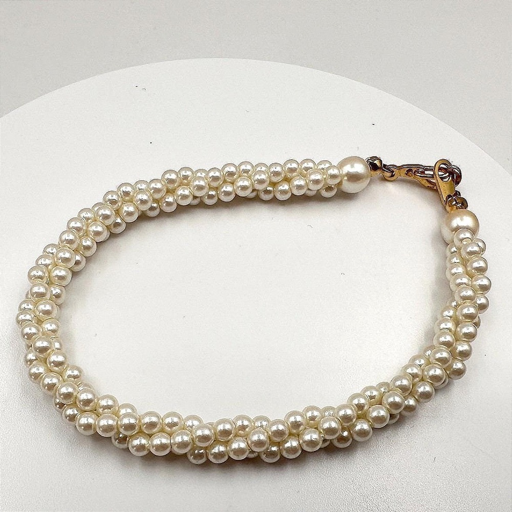 Vintage Y2K Faux Pearl Braided Multi-Strand Bracelet Gold Tone Statement Jewelry
